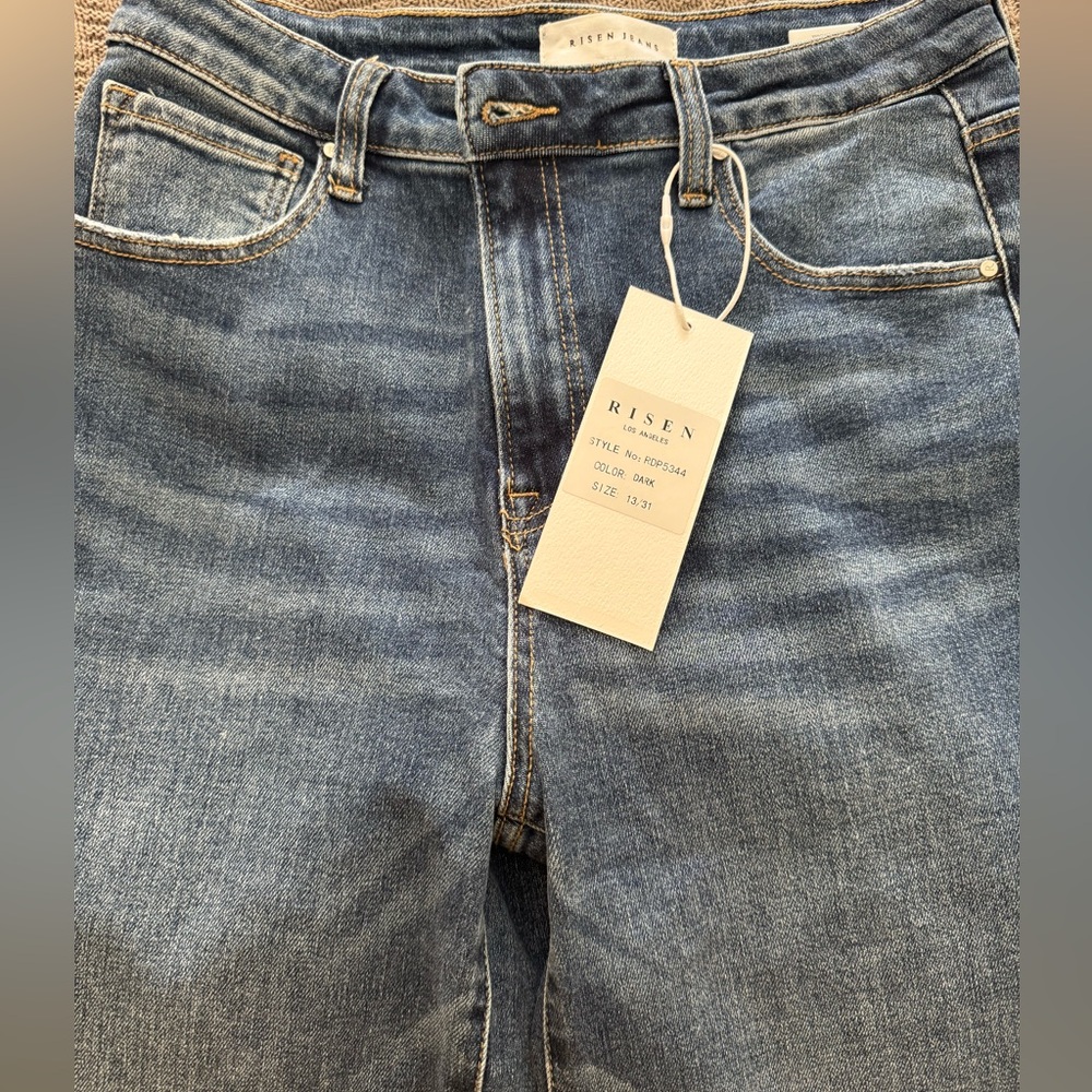 Risen wide leg denim